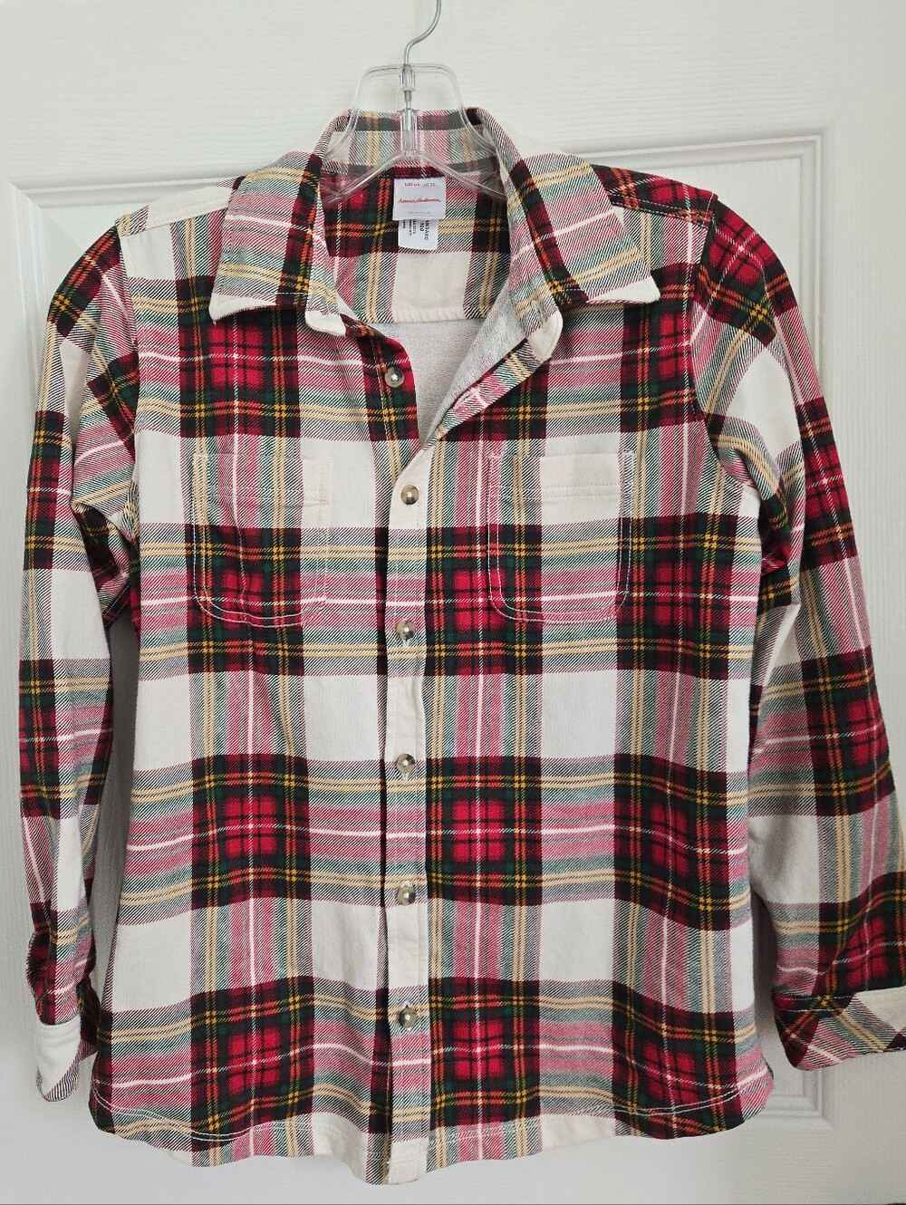 Hanna Andersson Flannel Red, Cream & Green Plaid Button-Down Shirt, Christmas